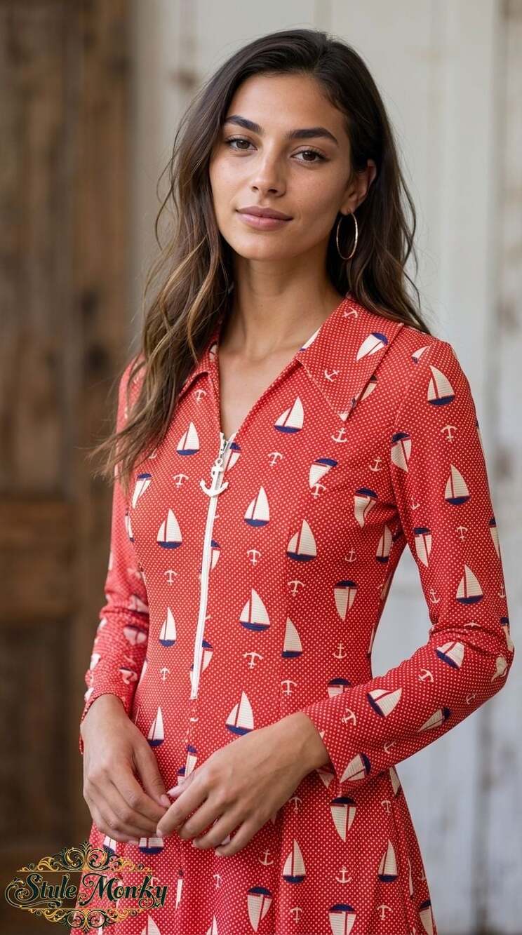 Vintage 1960s-70s Halifax Crimson Red Sailboat Anchor Print Zip Front Dress